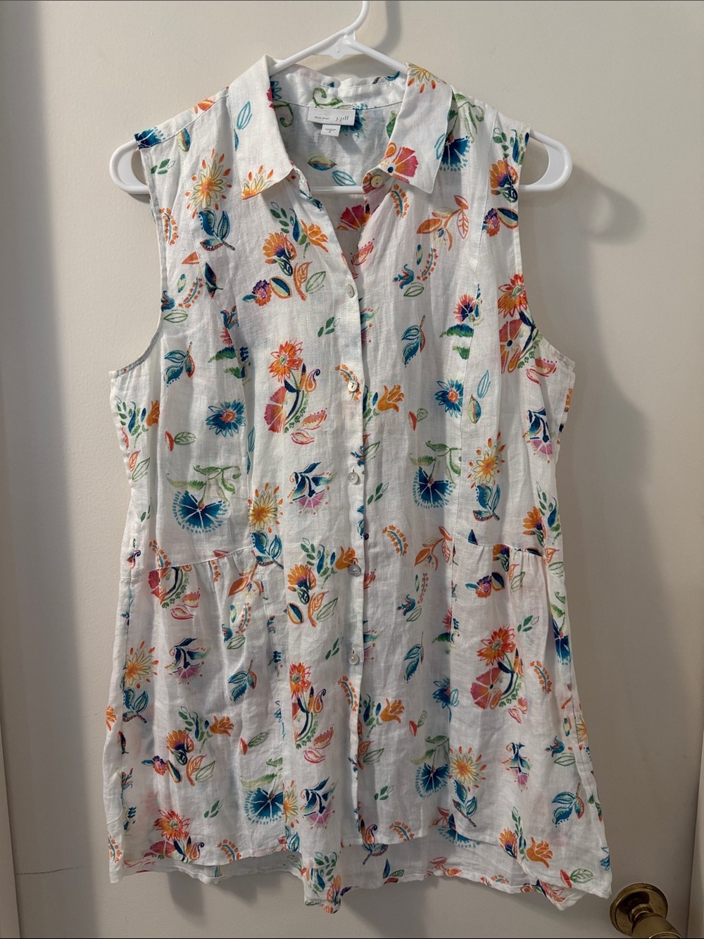 J. Jill White 100% Linen Sleeveless Floral Button-Front Tunic sz Sm
